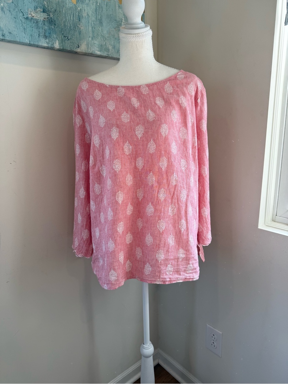 Liz Claiborne Pink Boatneck Long Sleeve Top White Teardrop Print Linen Blend